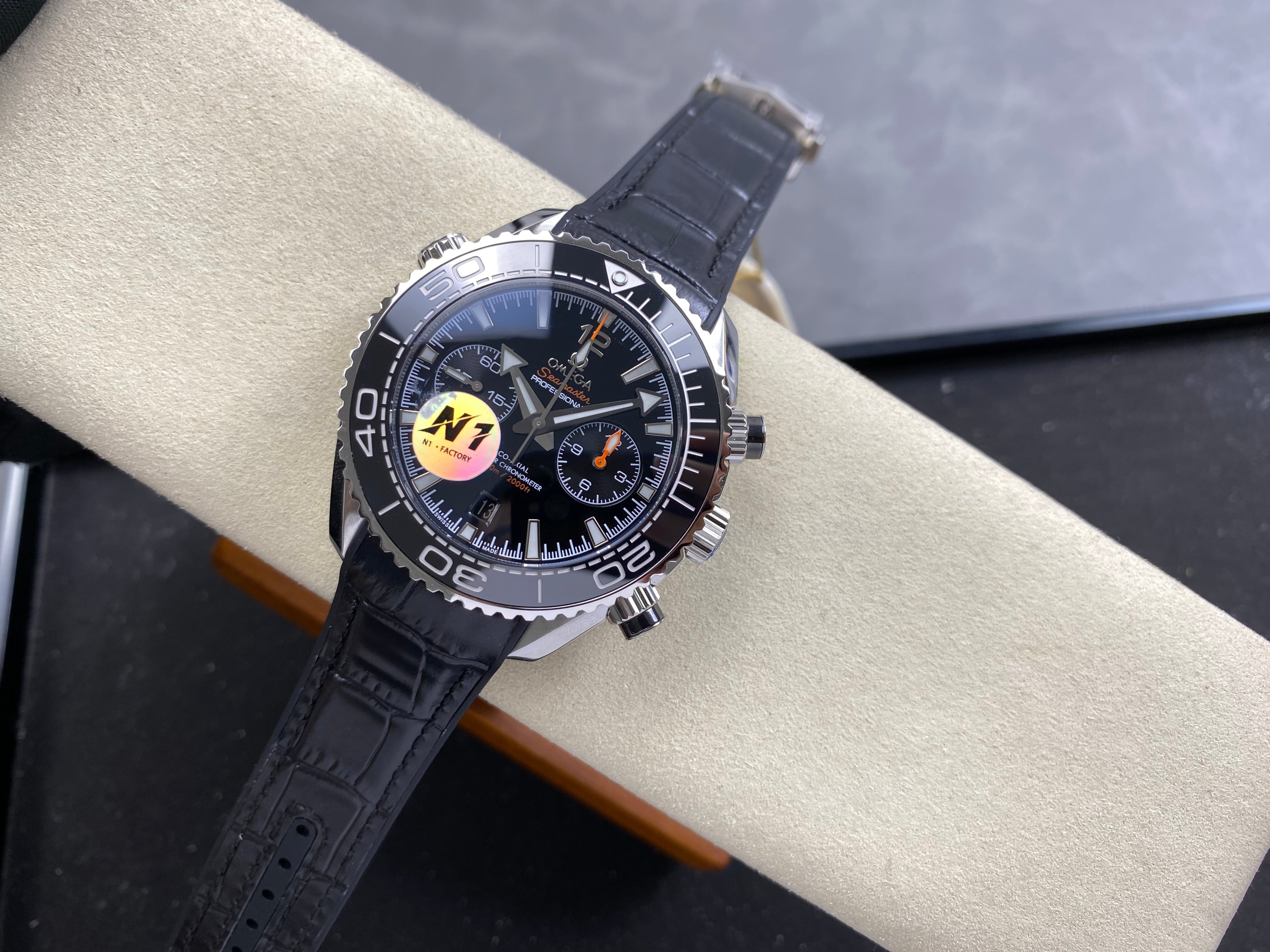 Omega Seamaster 46mm Black Dial Sliver Case Black Leather