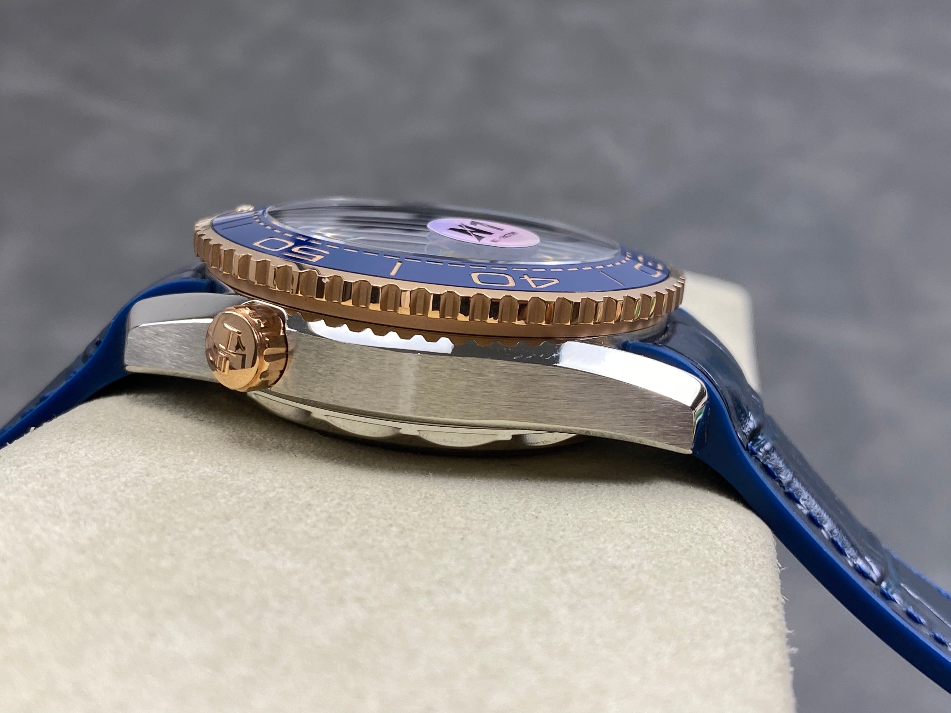 Omega Seamaster 46mm Blue Dial Pink Gold Case Blue Leather