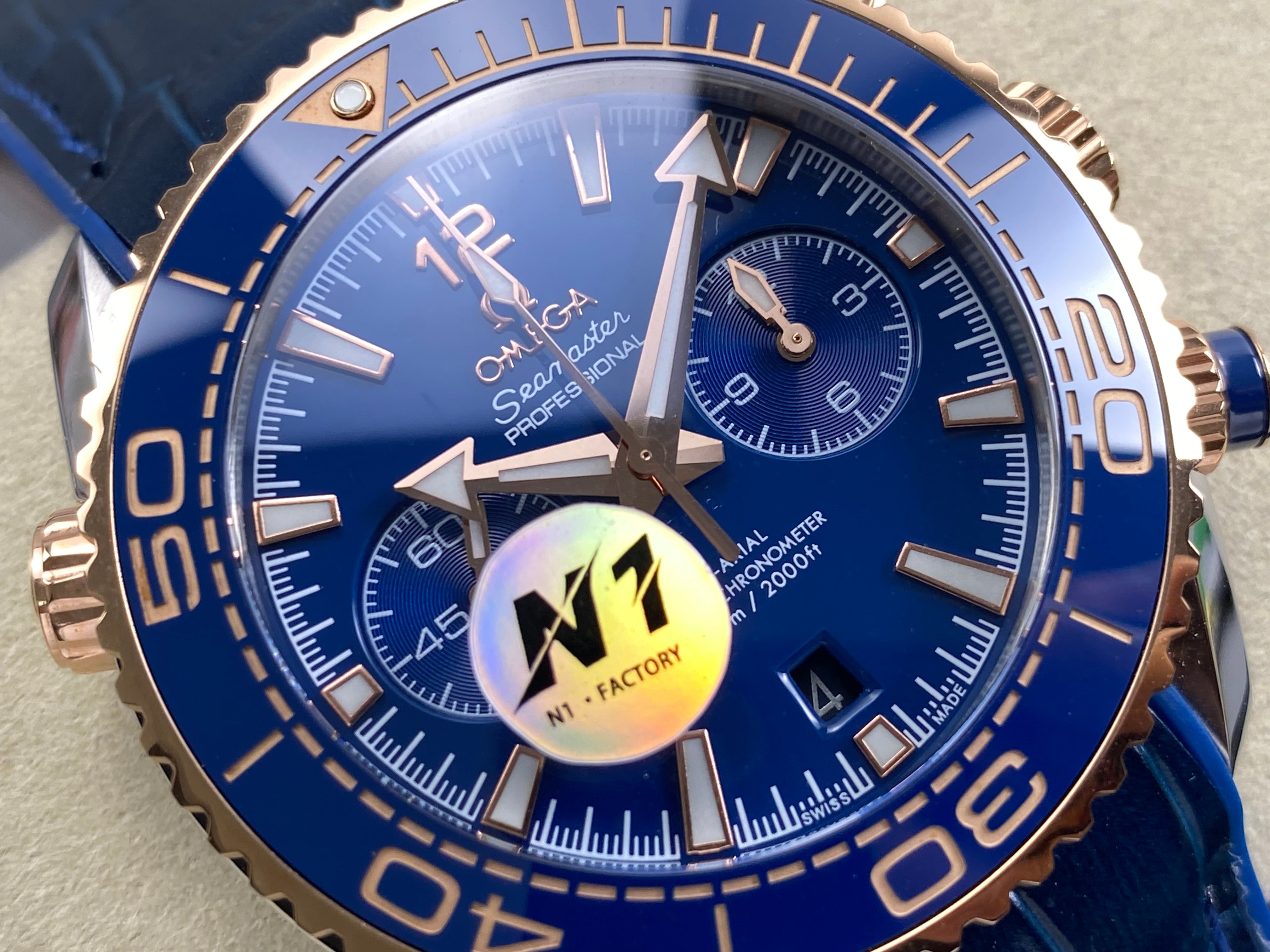 Omega Seamaster 46mm Blue Dial Pink Gold Case Blue Leather