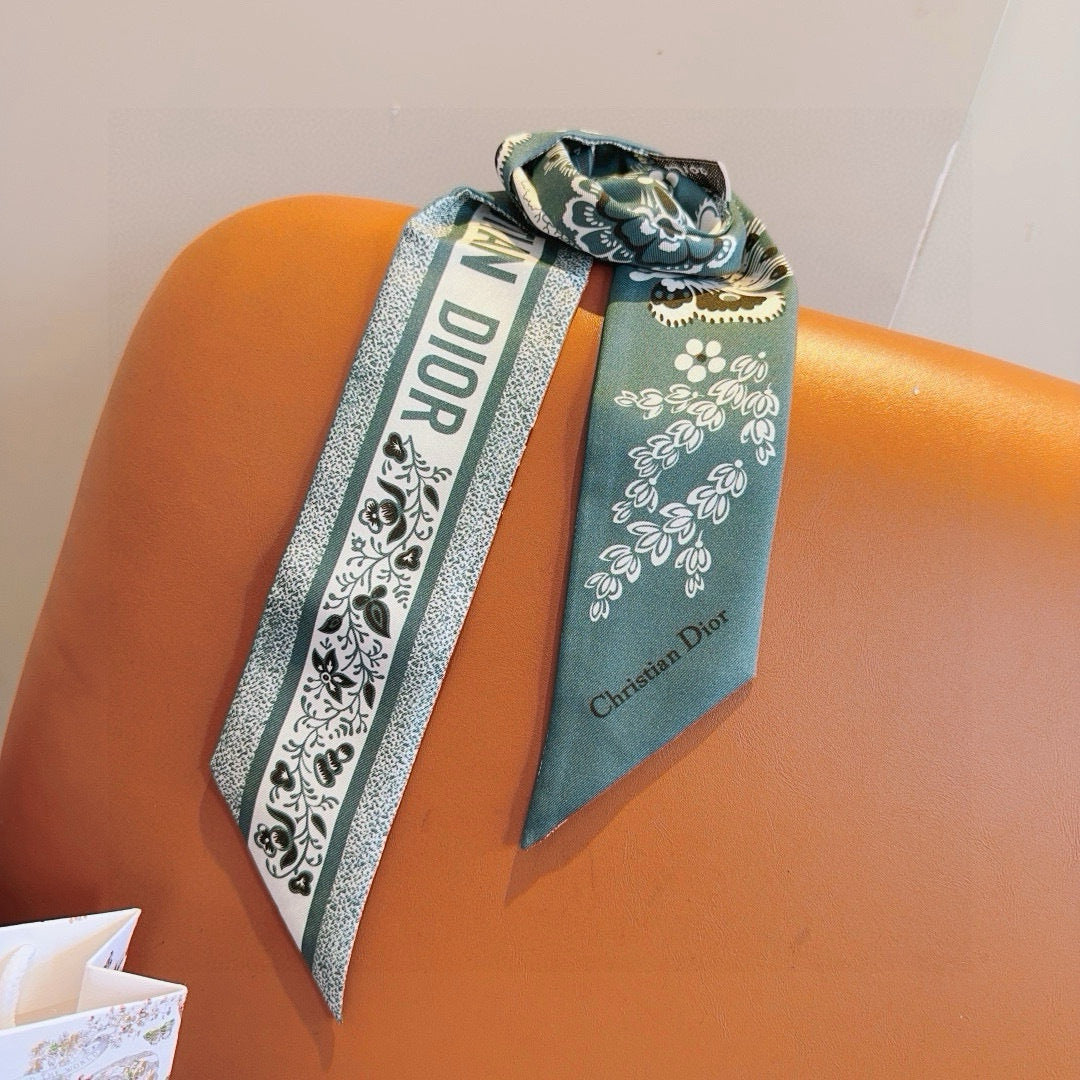 CD Twilly Mini Scarf 105cm Teal Black Mulberry Silk 668640