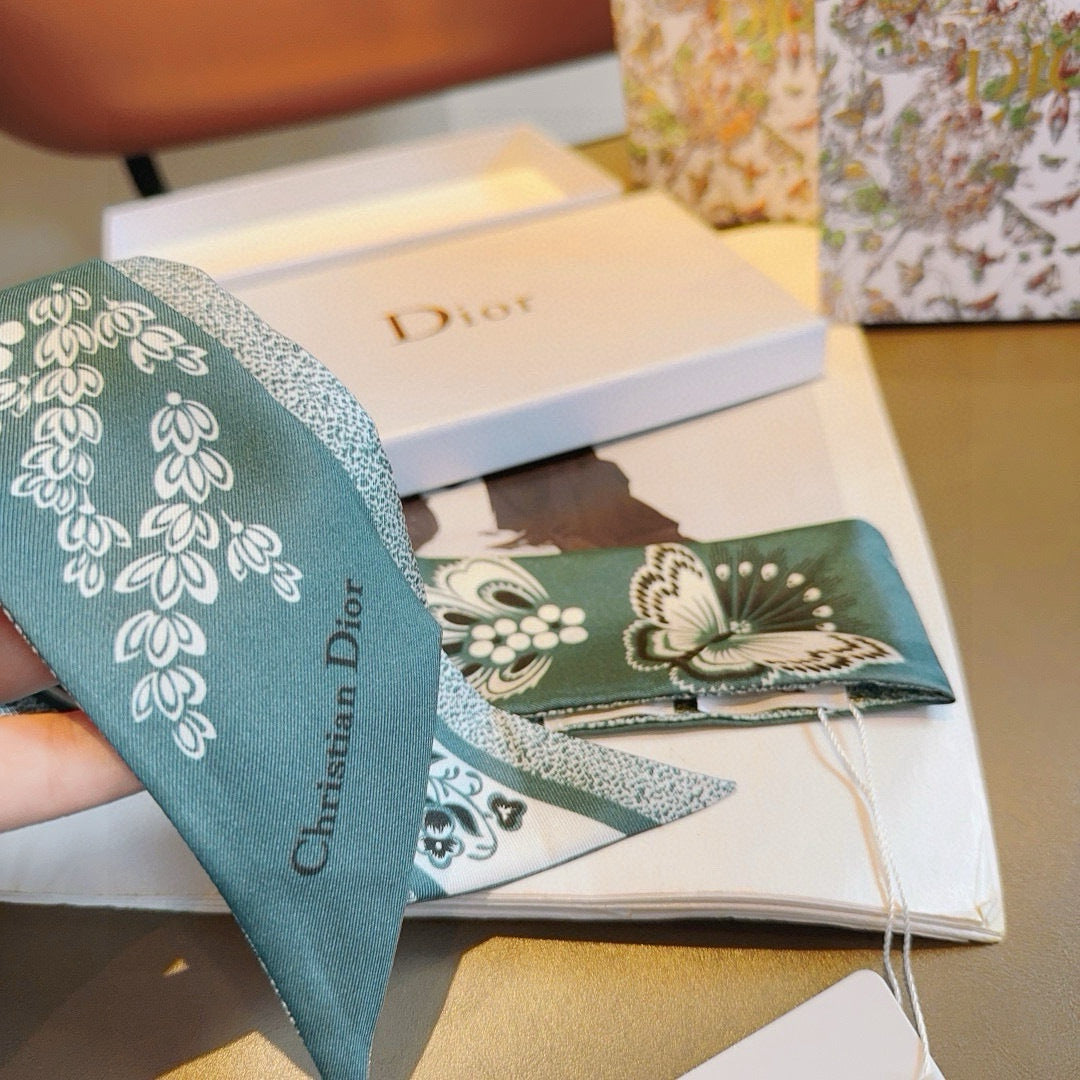 CD Twilly Mini Scarf 105cm Teal Black Mulberry Silk 668640