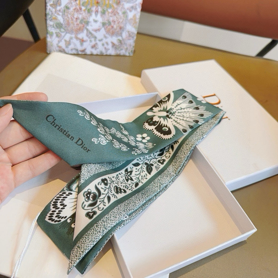 CD Twilly Mini Scarf 105cm Teal Black Mulberry Silk 668640