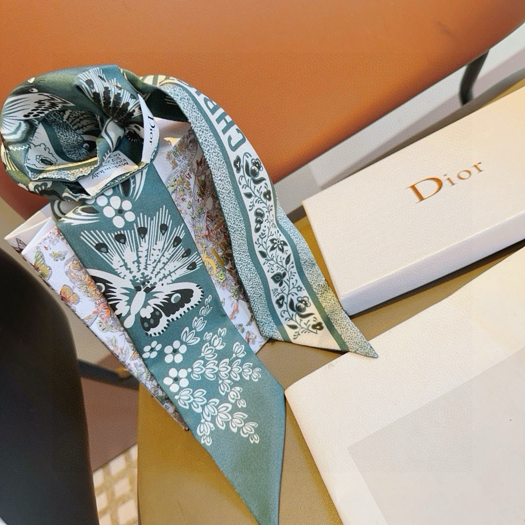 CD Twilly Mini Scarf 105cm Teal Black Mulberry Silk 668640