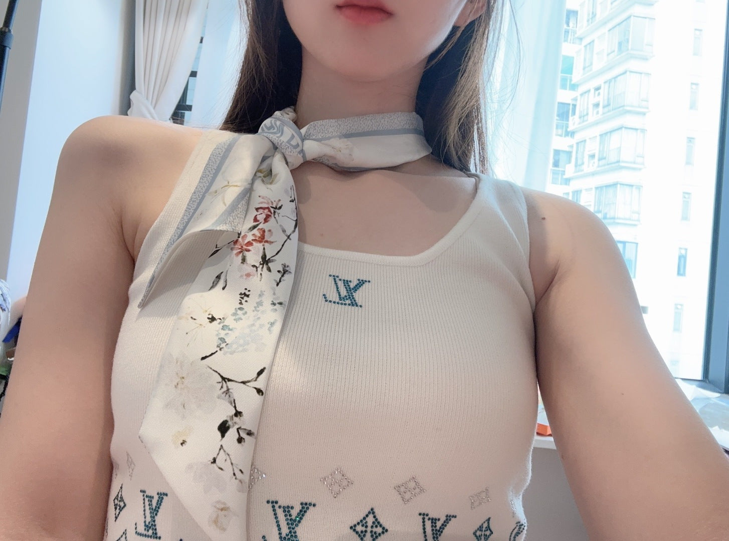 CD Twilly Mini Scarf 105cm White Baby Blue Mulberry Silk 766735