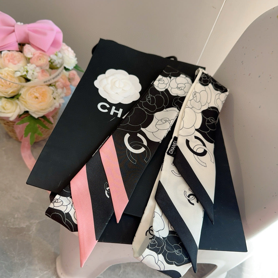 CC  Twilly Mini Scarf 120cm Black Pink Mulberry Silk 953290