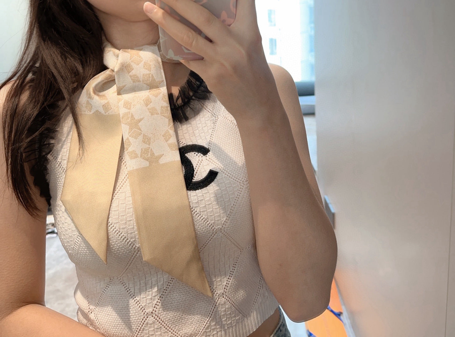 CD Twilly Mini Scarf 100cm Floral Light Beige Mulberry Silk 958864