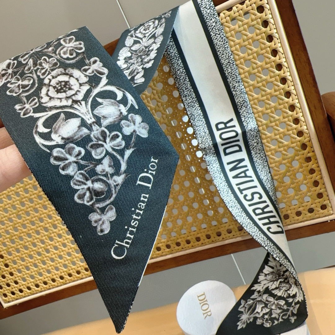 CD Twilly Mini Scarf 120cm Floral Black Mulberry Silk 958866