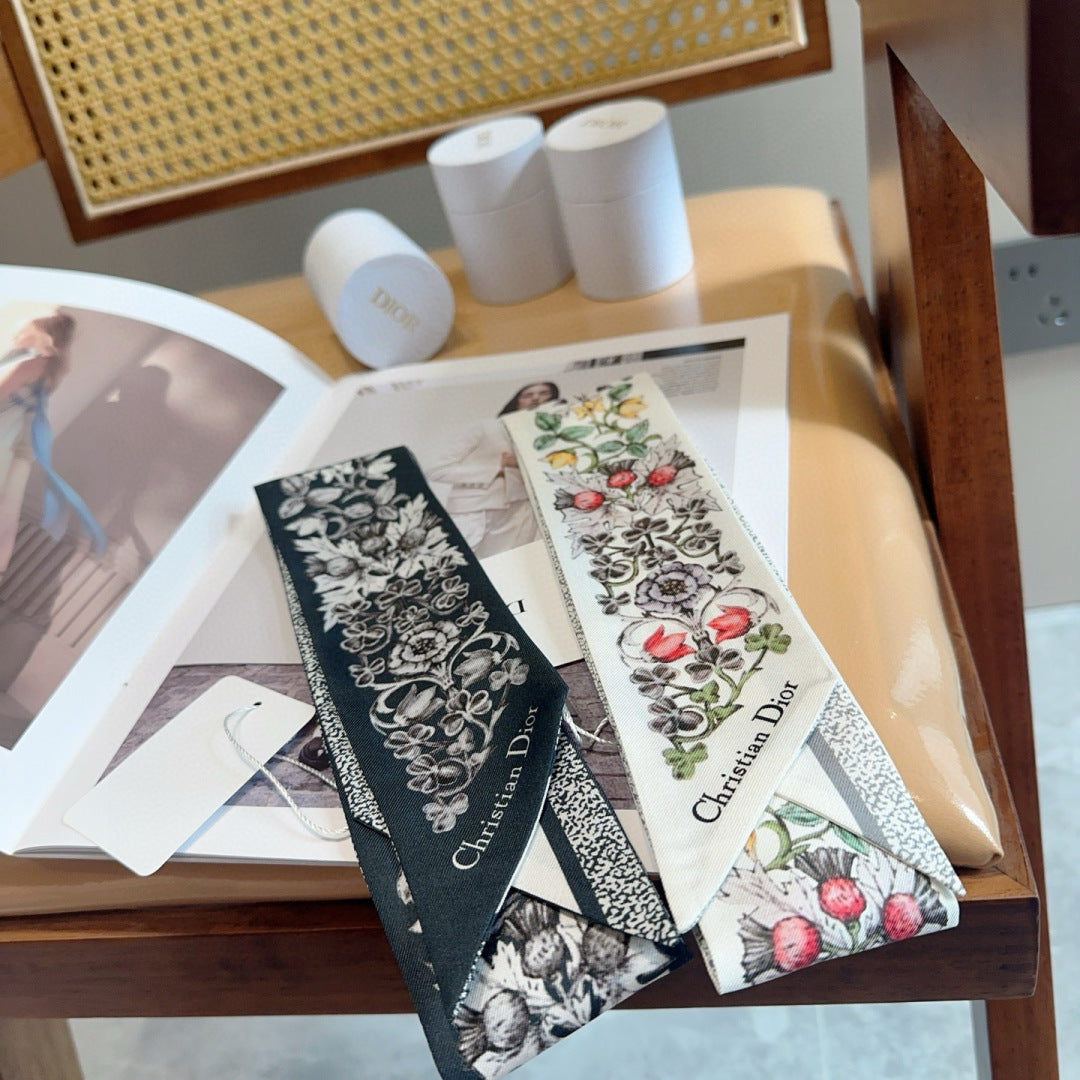 CD Twilly Mini Scarf 120cm Floral Black Mulberry Silk 958866