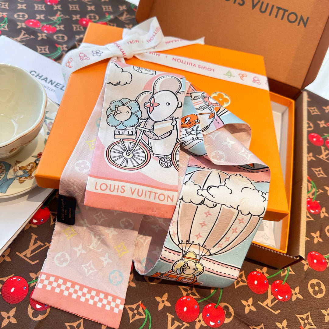 LV  Twilly Mini Scarf 120 Black Beige Silk Twill 967459