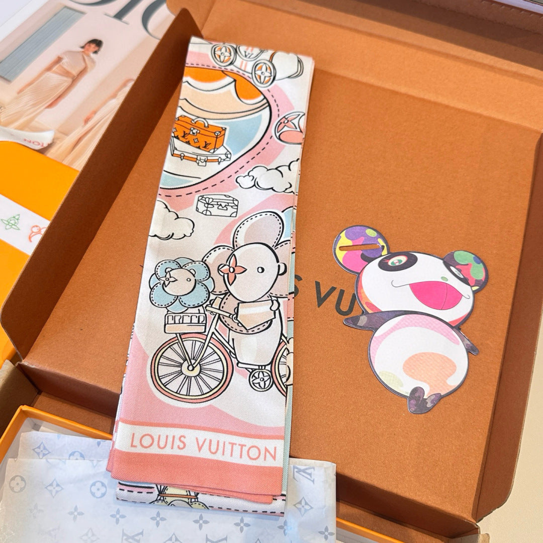 LV  Twilly Mini Scarf 86 Midnight Light Pink Silk Twill 967476