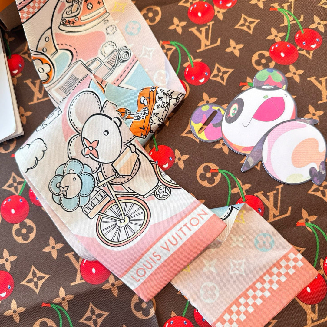 LV  Twilly Mini Scarf 86 Midnight Light Pink Silk Twill 967476