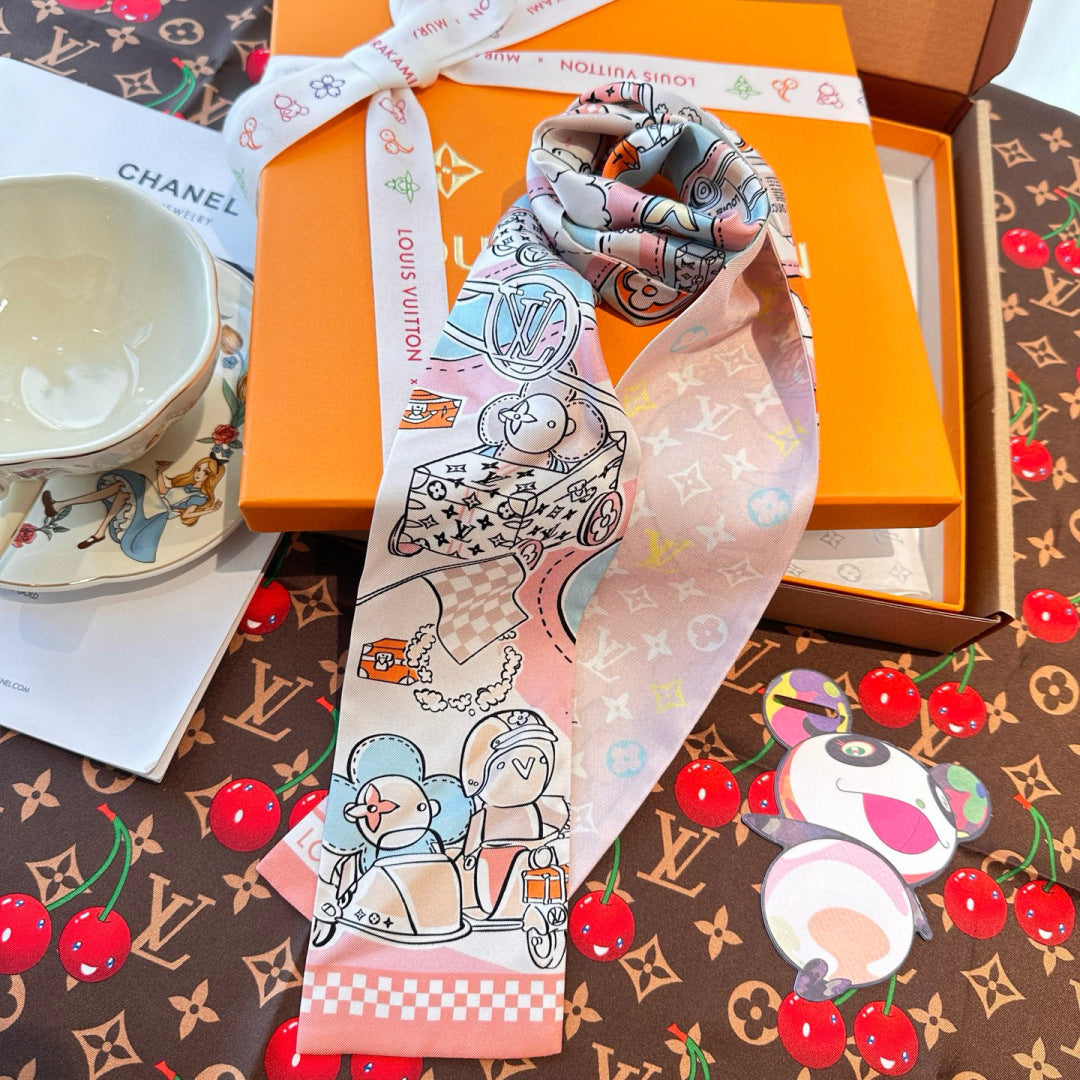 LV  Twilly Mini Scarf 86 Midnight Light Pink Silk Twill 967476