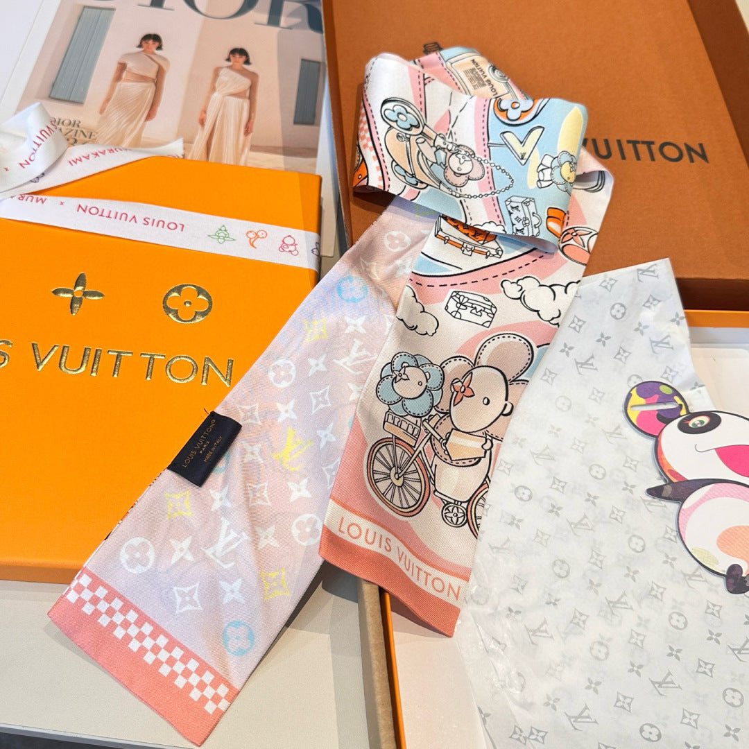 LV  Twilly Mini Scarf 86 Midnight Light Pink Silk Twill 967476