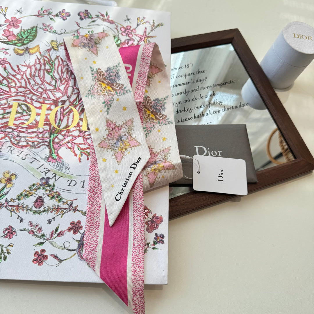 CD Twilly Mini Scarf 105cm White Dark Pink Mulberry Silk 969064