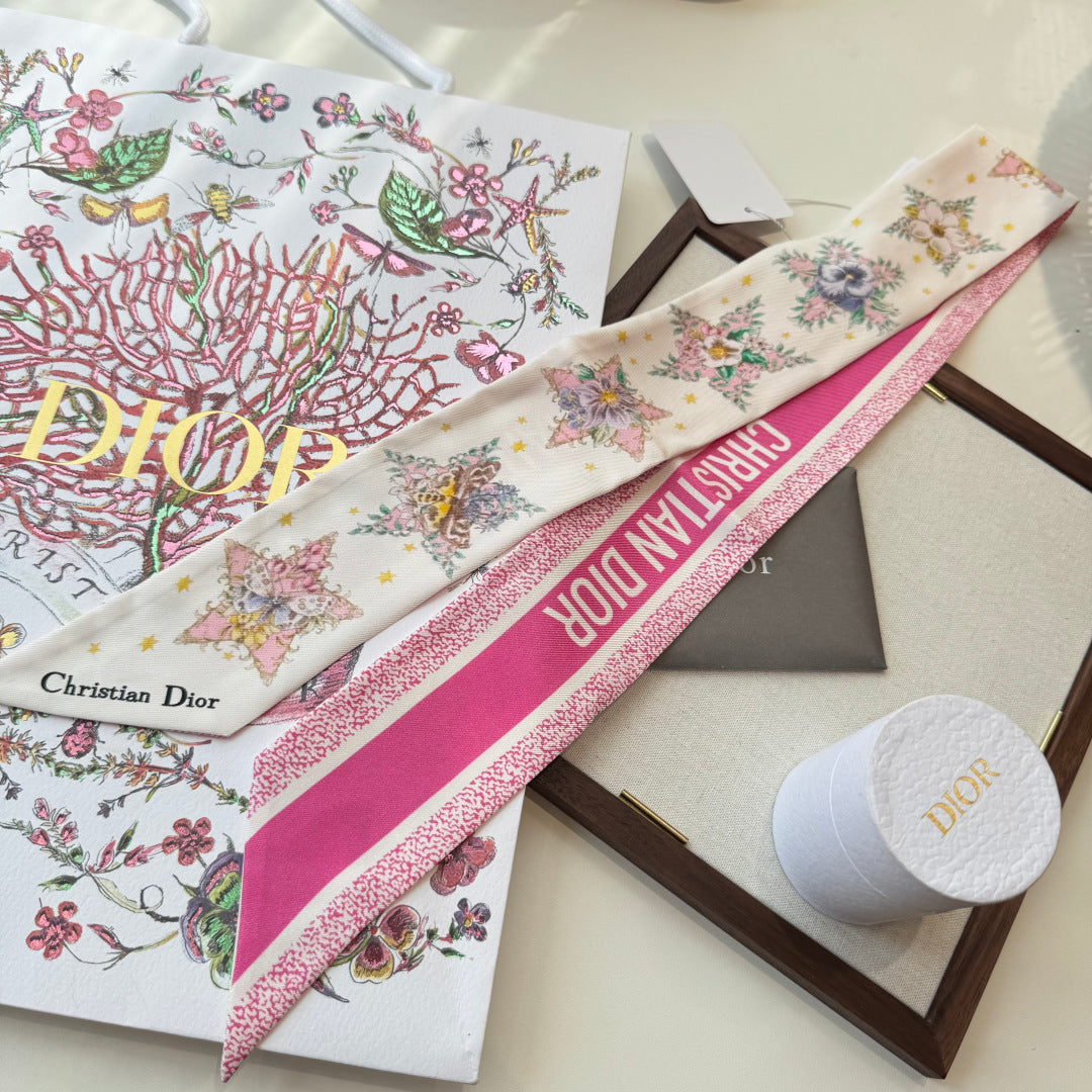 CD Twilly Mini Scarf 105cm White Dark Pink Mulberry Silk 969064