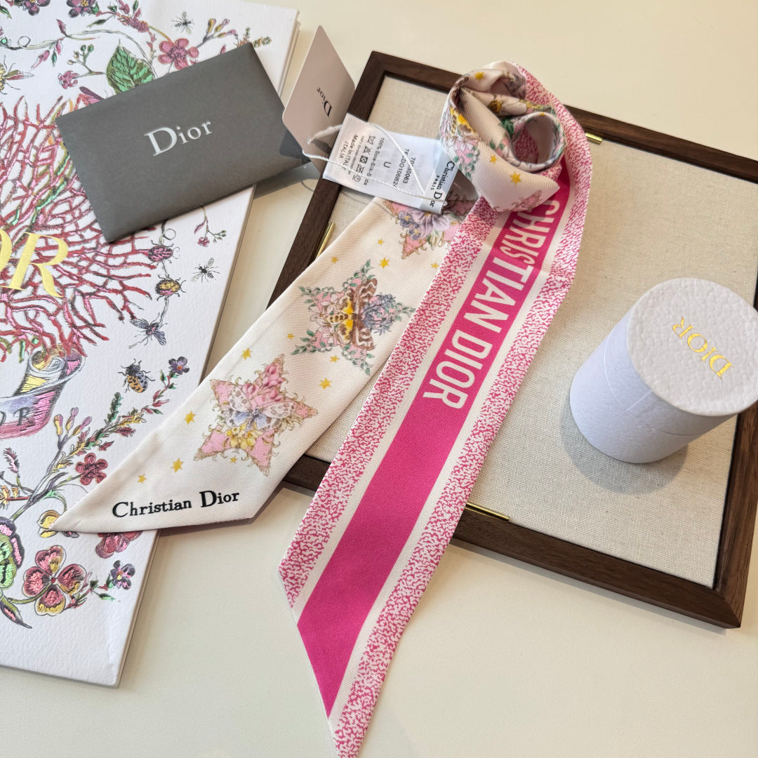 CD Twilly Mini Scarf 105cm White Dark Pink Mulberry Silk 969064