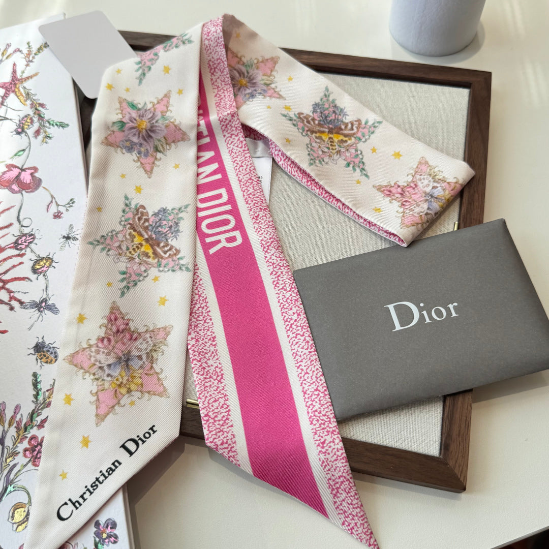 CD Twilly Mini Scarf 105cm White Dark Pink Mulberry Silk 969064