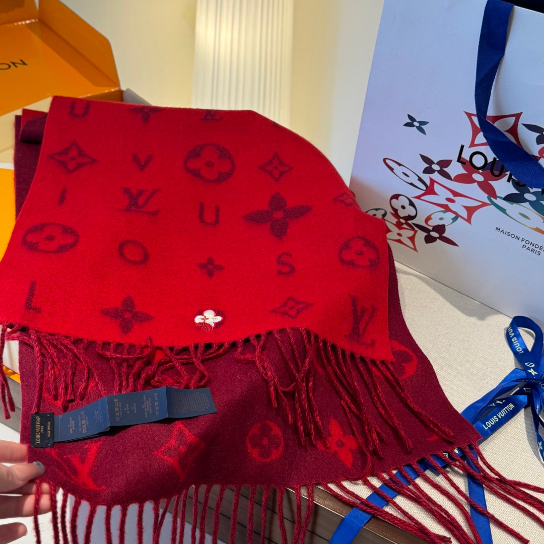 LV Reykjavik Scarf 220cm Red Cashmere 973487