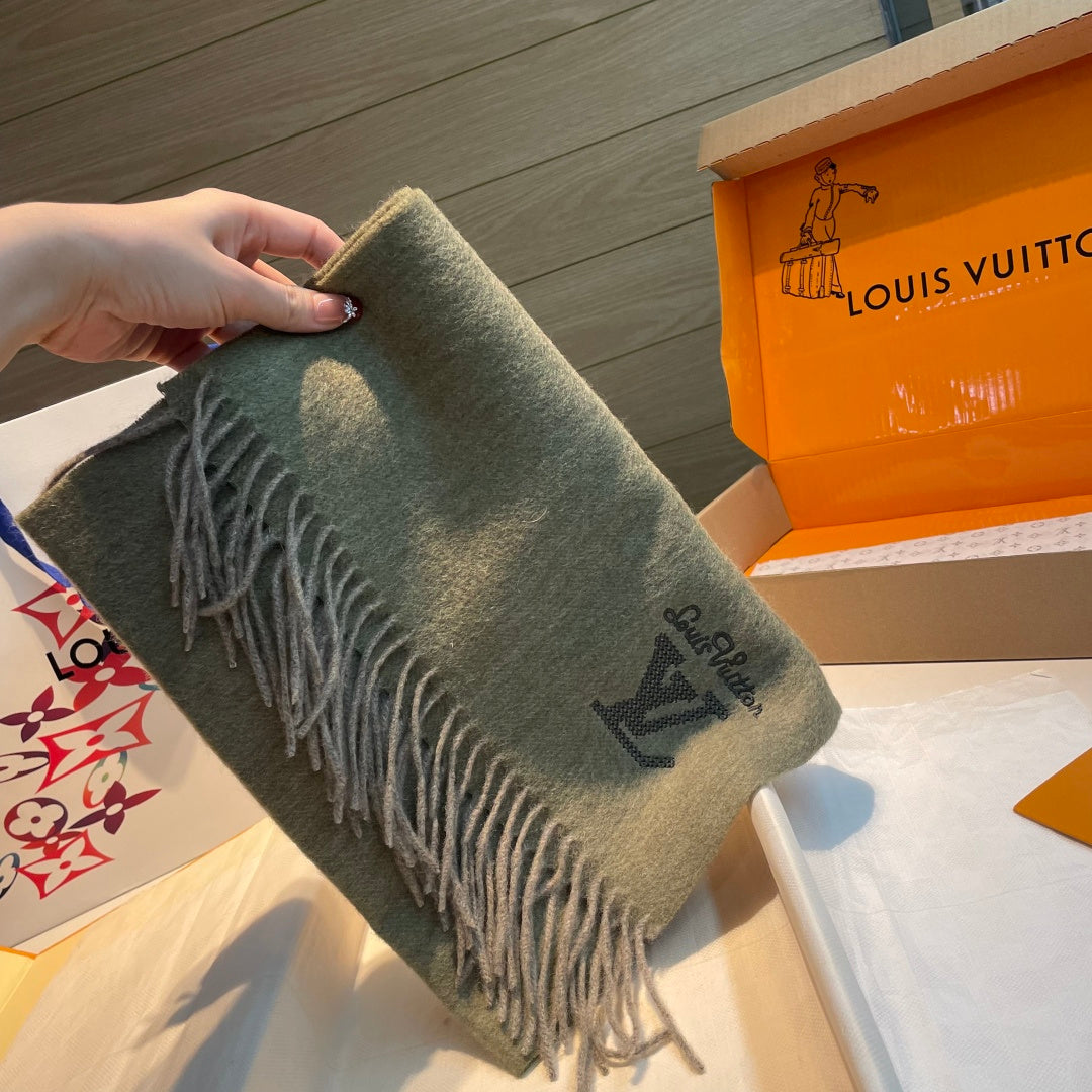 LV Men's Scarf 180cm Olive Green Wool Cashmere 978828