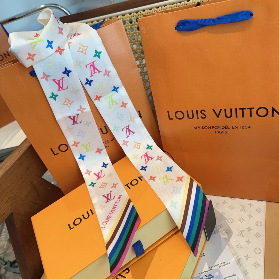 LV Twilly Scarf 120cm White Colorful Silk 965662