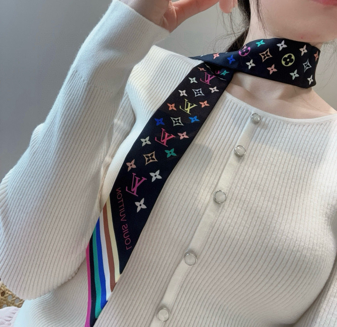 LV Twilly Scarf 120cm Black Colorful Silk 965663
