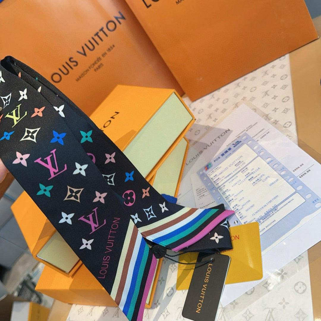 LV Twilly Scarf 120cm Black Colorful Silk 965663