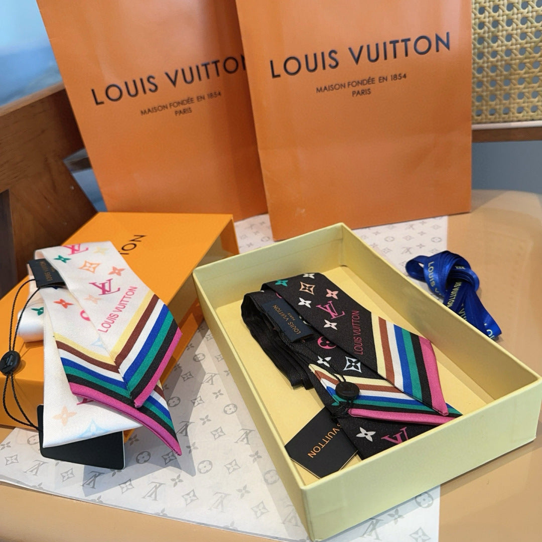 LV Twilly Scarf 120cm Black Colorful Silk 965663