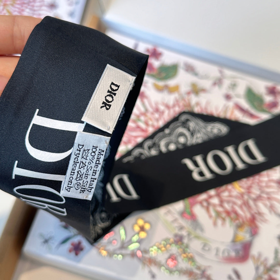 CD Twilly Mini Scarf 105cm Black White Mulberry Silk 968856