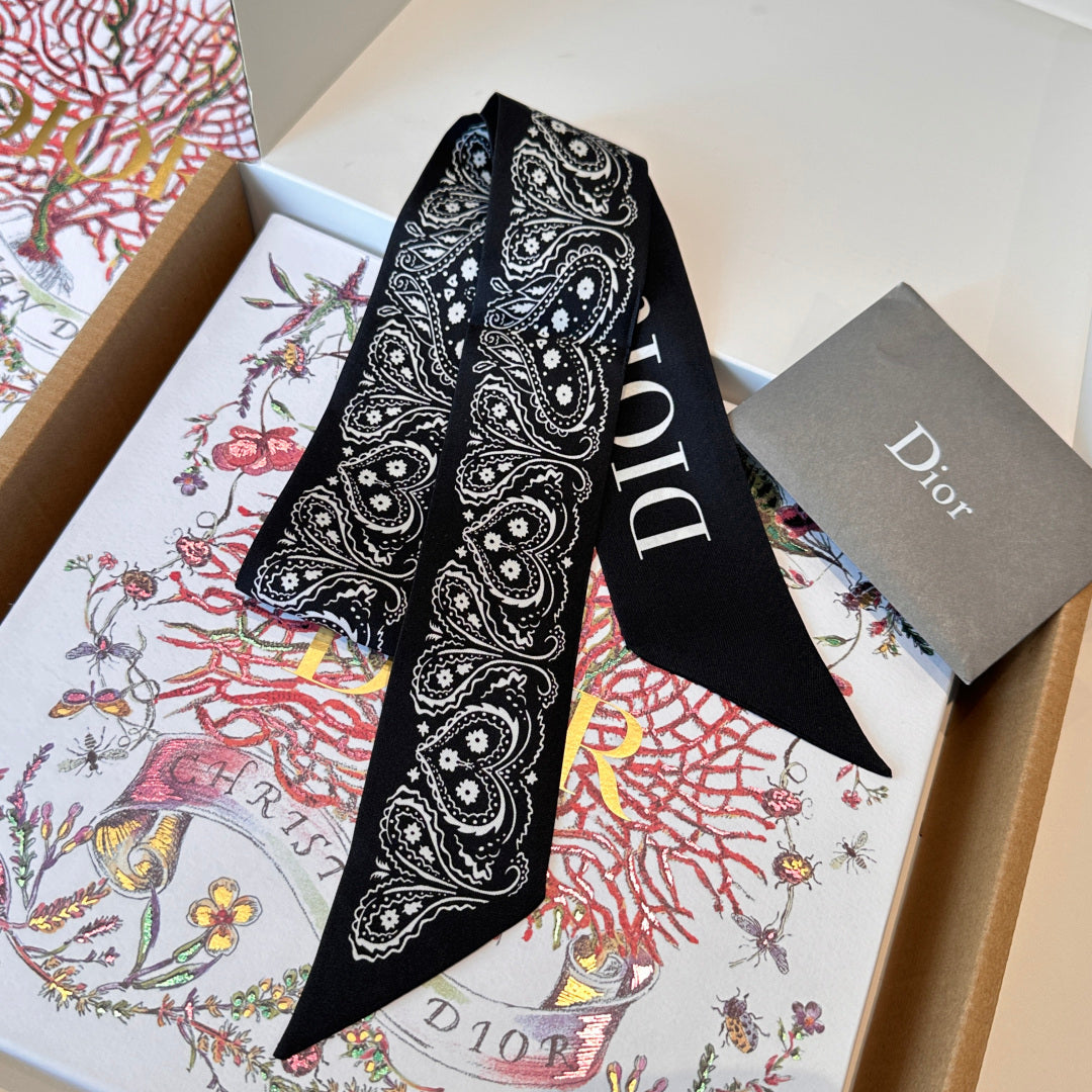 CD Twilly Mini Scarf 105cm Black White Mulberry Silk 968856