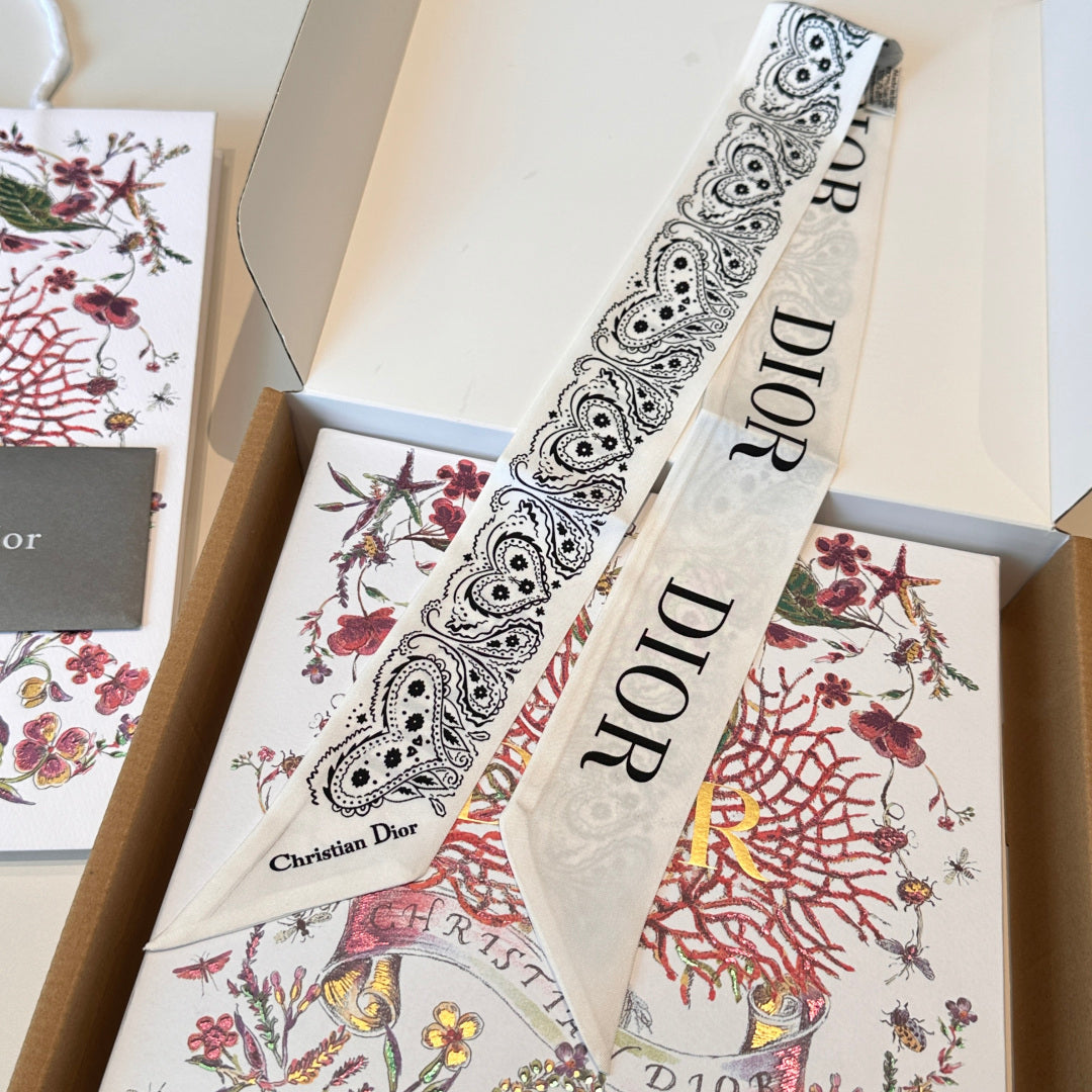 CD Twilly Mini Scarf 105cm White Black Mulberry Silk 968857