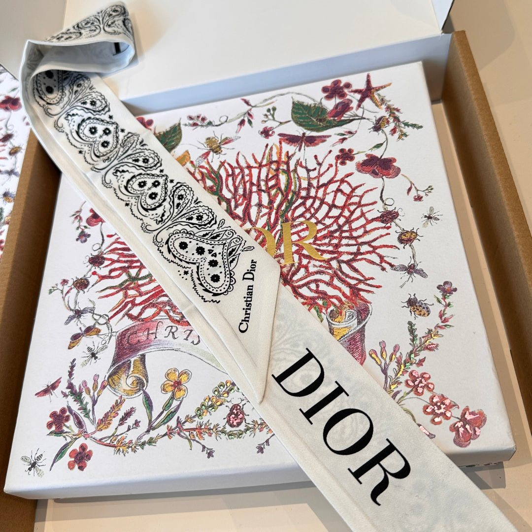 CD Twilly Mini Scarf 105cm White Black Mulberry Silk 968857