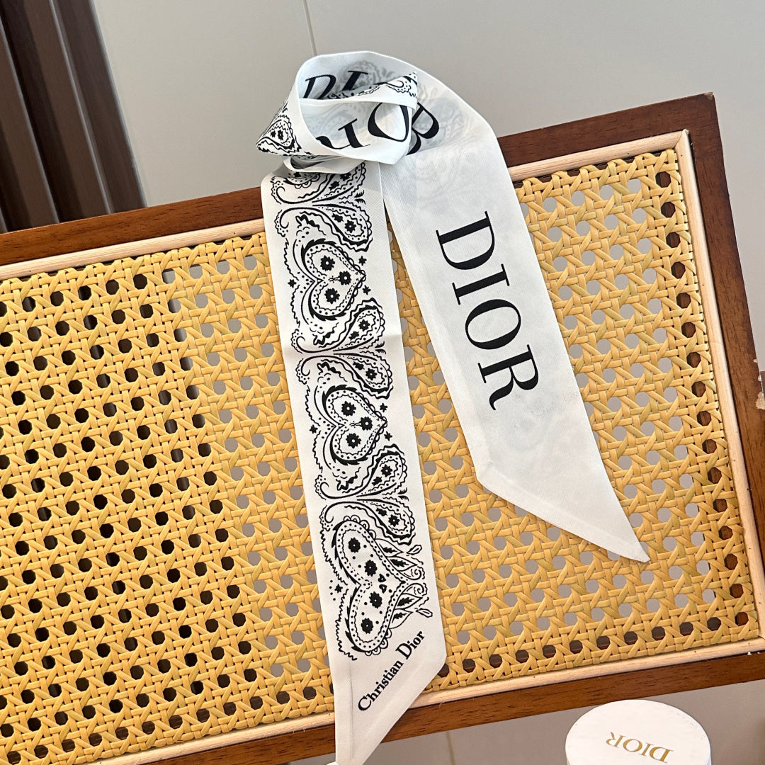 CD Twilly Mini Scarf 105cm White Black Mulberry Silk 968857