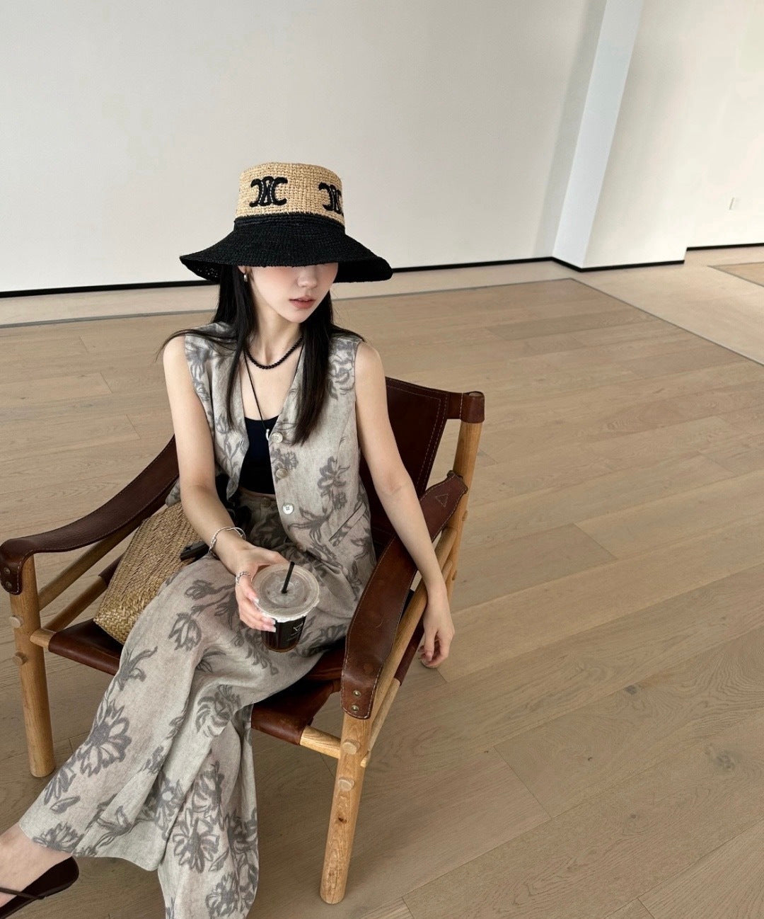 Celine Raffia Black Beige Straw Hat 269031