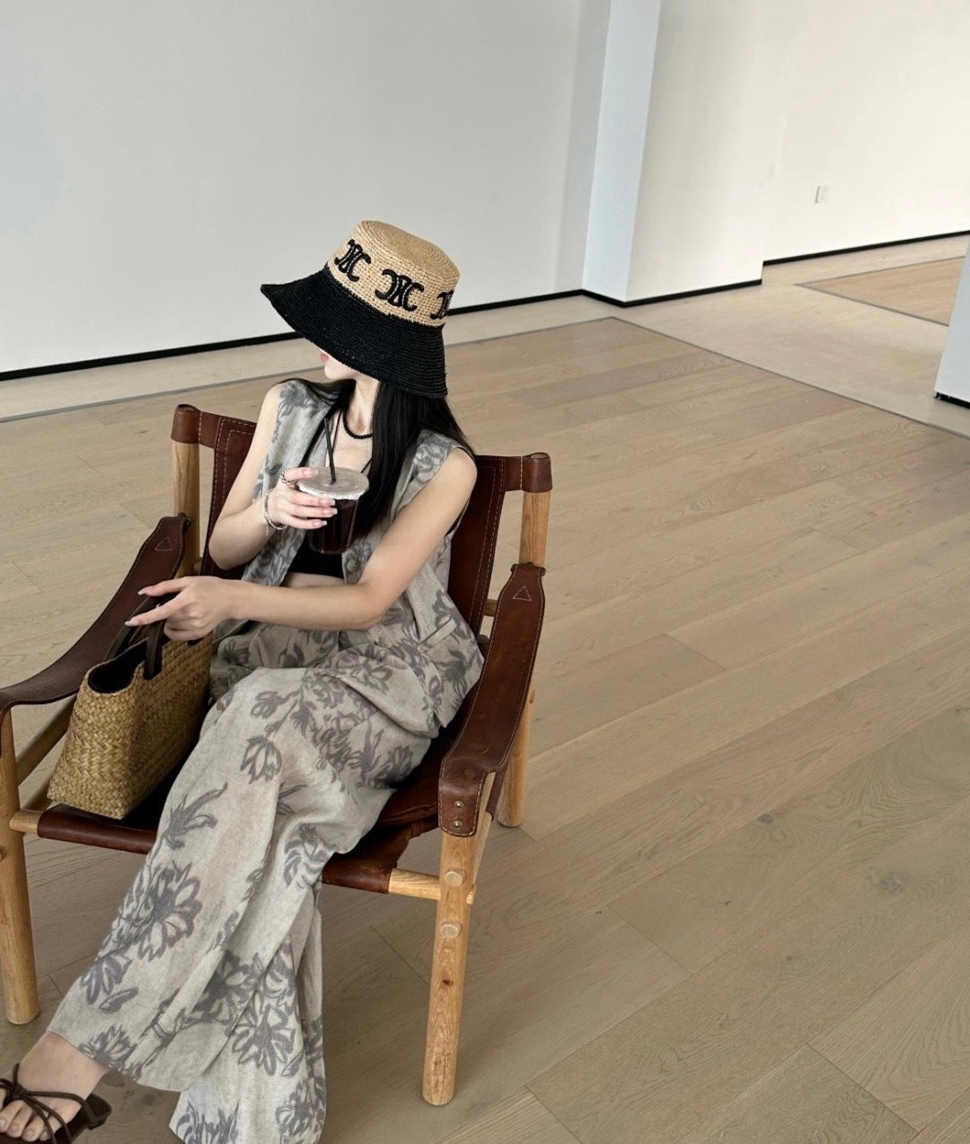 Celine Raffia Black Beige Straw Hat 269031