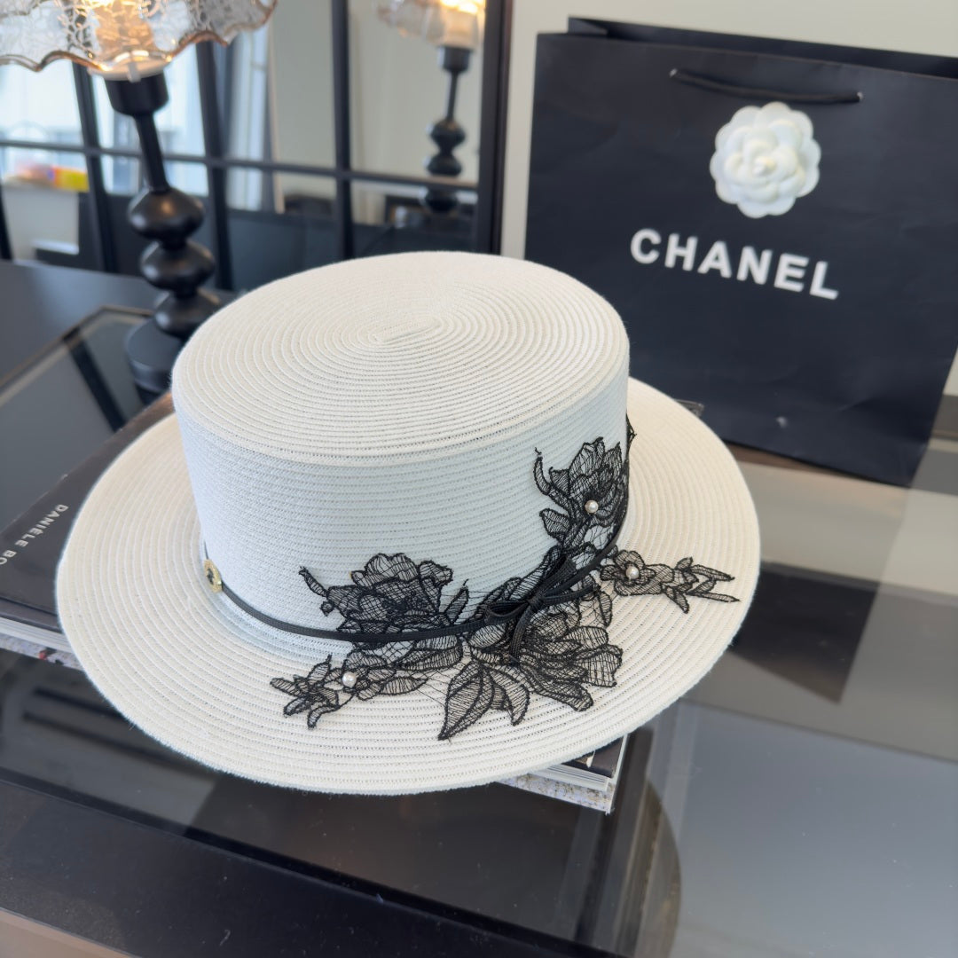 Chanel Flat-top White Black Straw Hat 269024