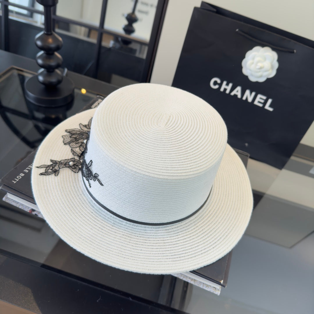 Chanel Flat-top White Black Straw Hat 269024