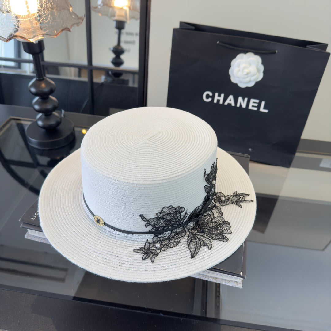 Chanel Flat-top White Black Straw Hat 269024
