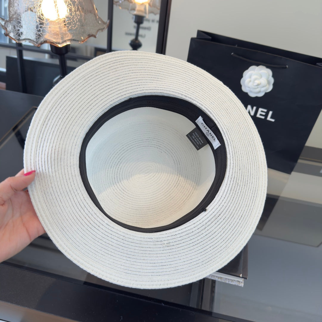 Chanel Flat-top White Black Straw Hat 269024
