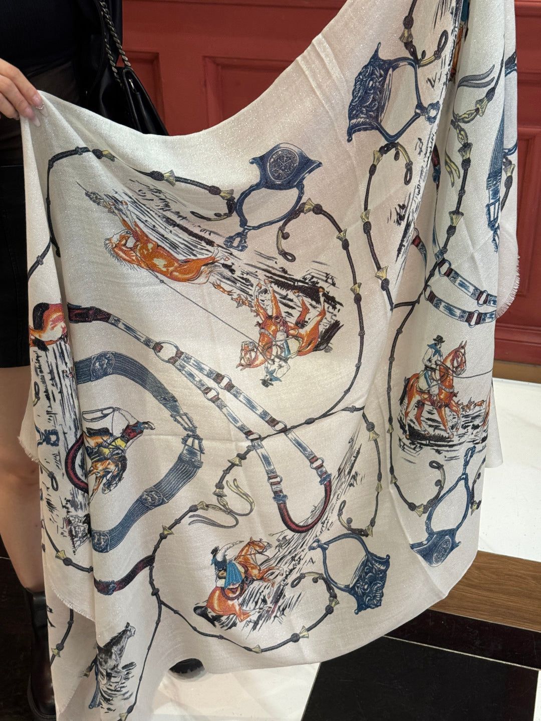 HM 25s Radiant Scarf 200cm White Blue Cashmere Silk 962391