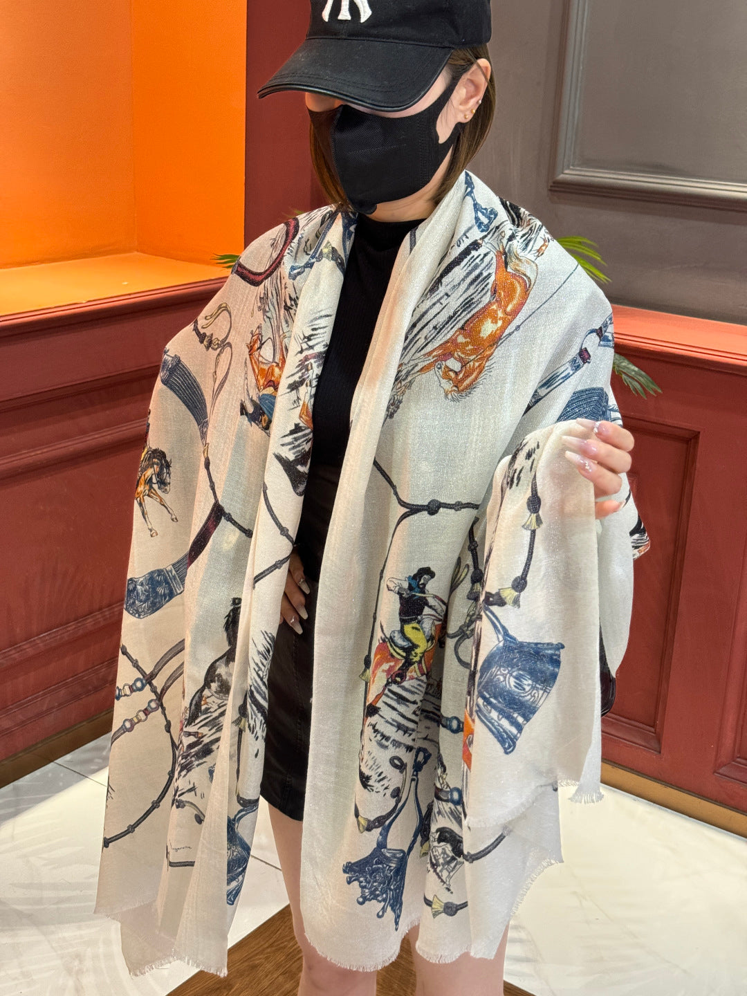 HM 25s Radiant Scarf 200cm White Blue Cashmere Silk 962391