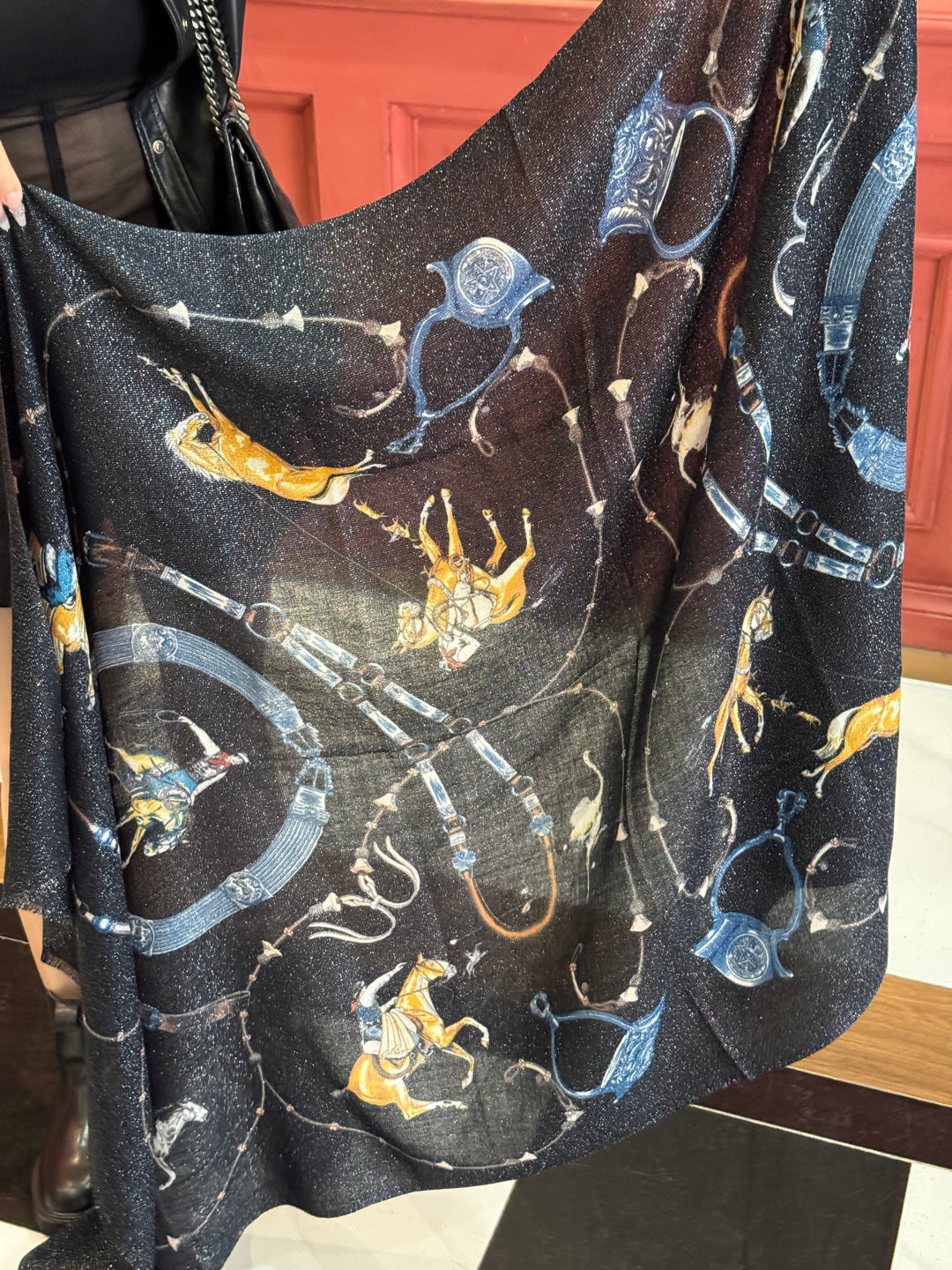 HM 25s Radiant Scarf 200cm Black Blue Cashmere Silk 962392