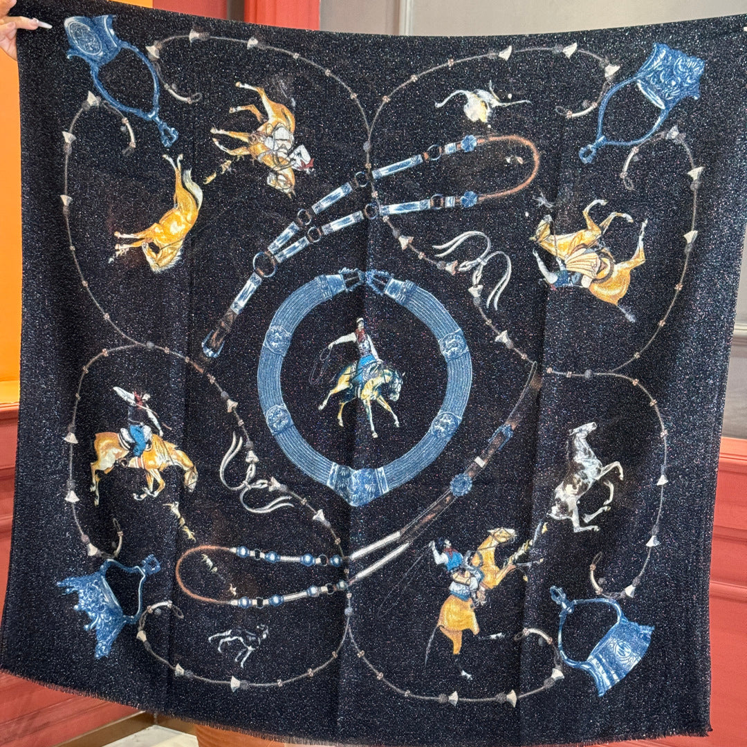 HM 25s Radiant Scarf 200cm Black Blue Cashmere Silk 962392