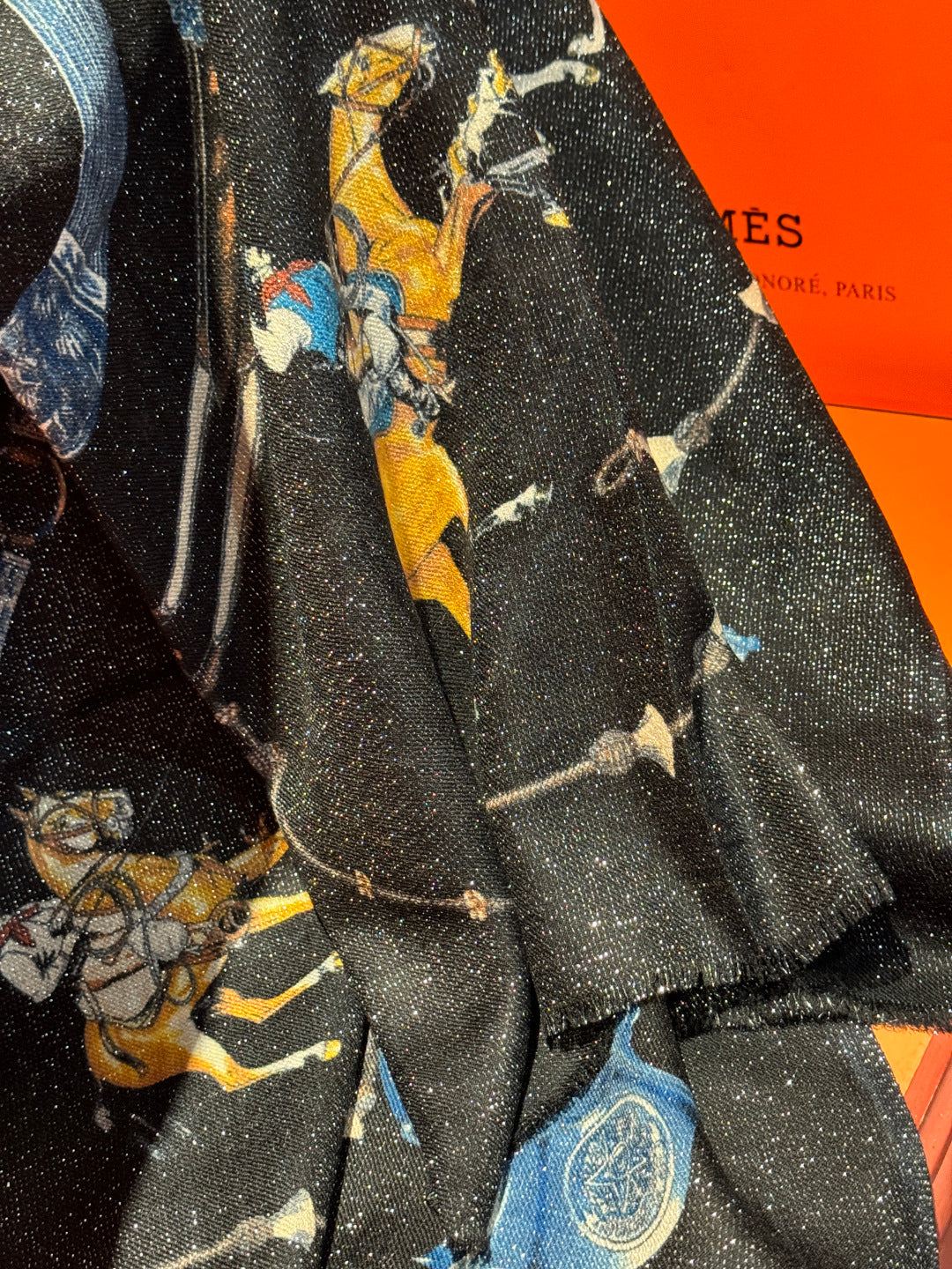 HM 25s Radiant Scarf 200cm Black Blue Cashmere Silk 962392