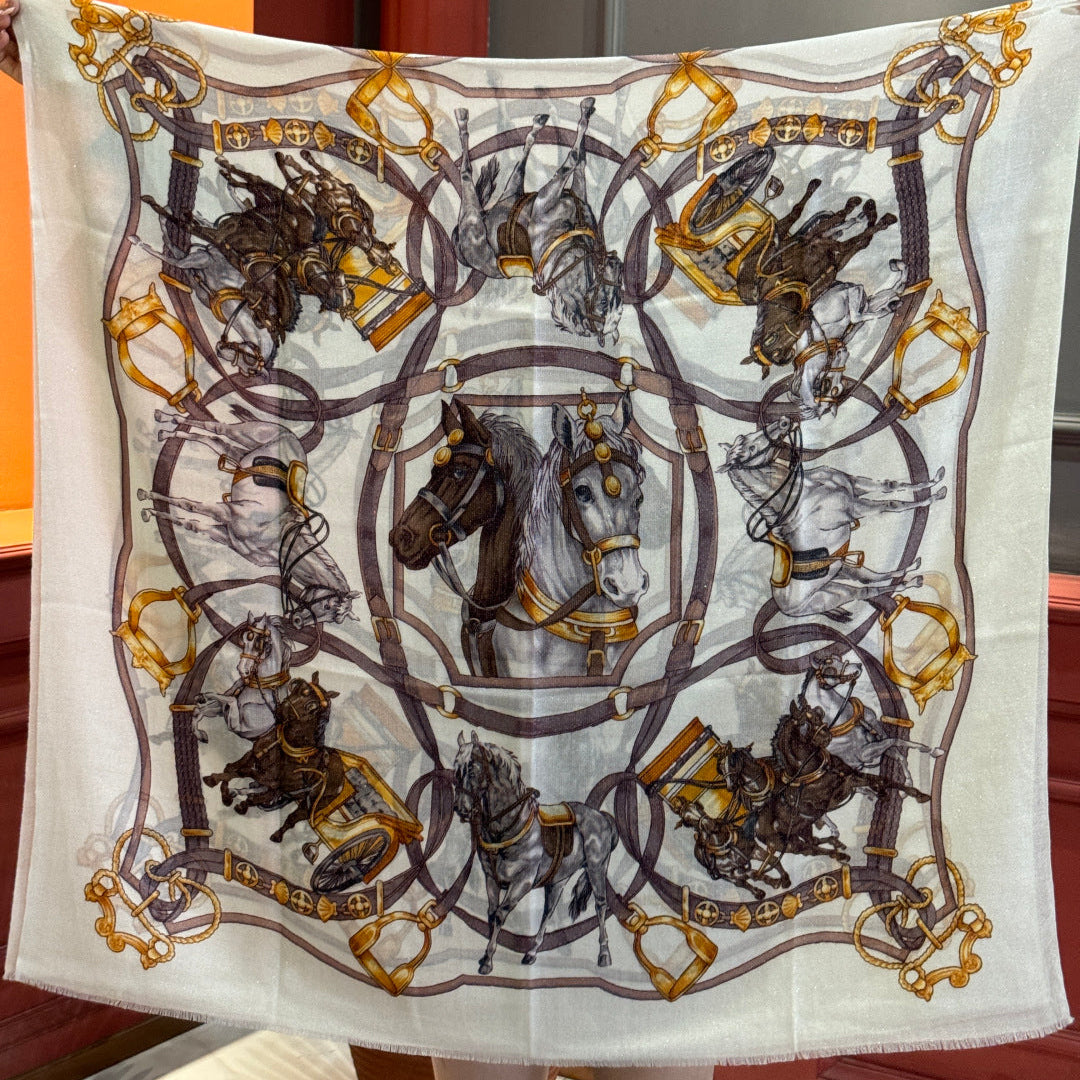 HM 25s Radiant Scarf 200cm White Purple Brown Cashmere Silk 962394