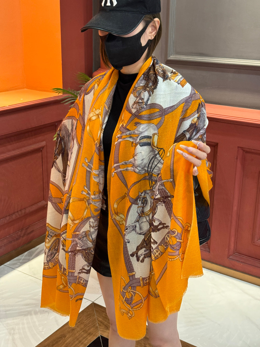 HM 25s Radiant Scarf 200cm Orange Brown Cashmere Silk 962395