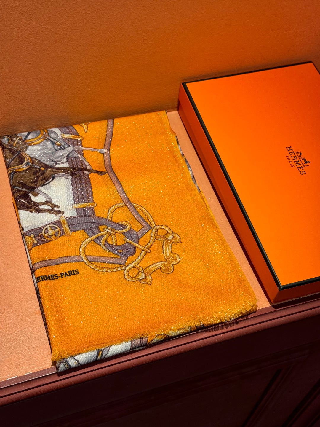 HM 25s Radiant Scarf 200cm Orange Brown Cashmere Silk 962395