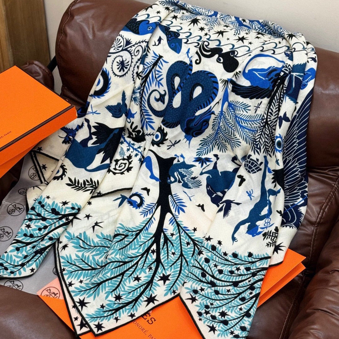 HM 25s Scarf 140cm White Blue Cashmere Silk 962468