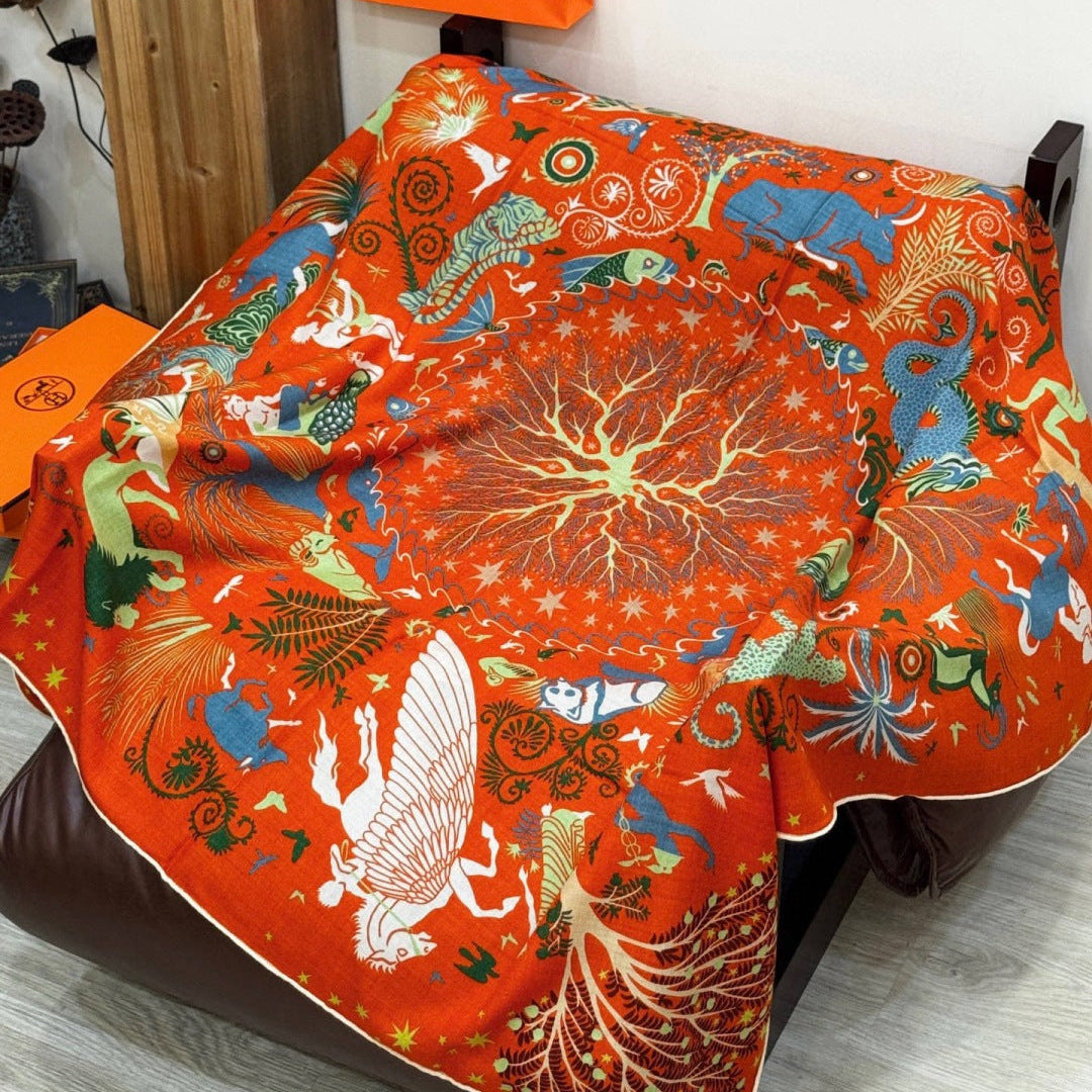 HM 25s Scarf 140cm Orange Colorful Cashmere Silk 962470