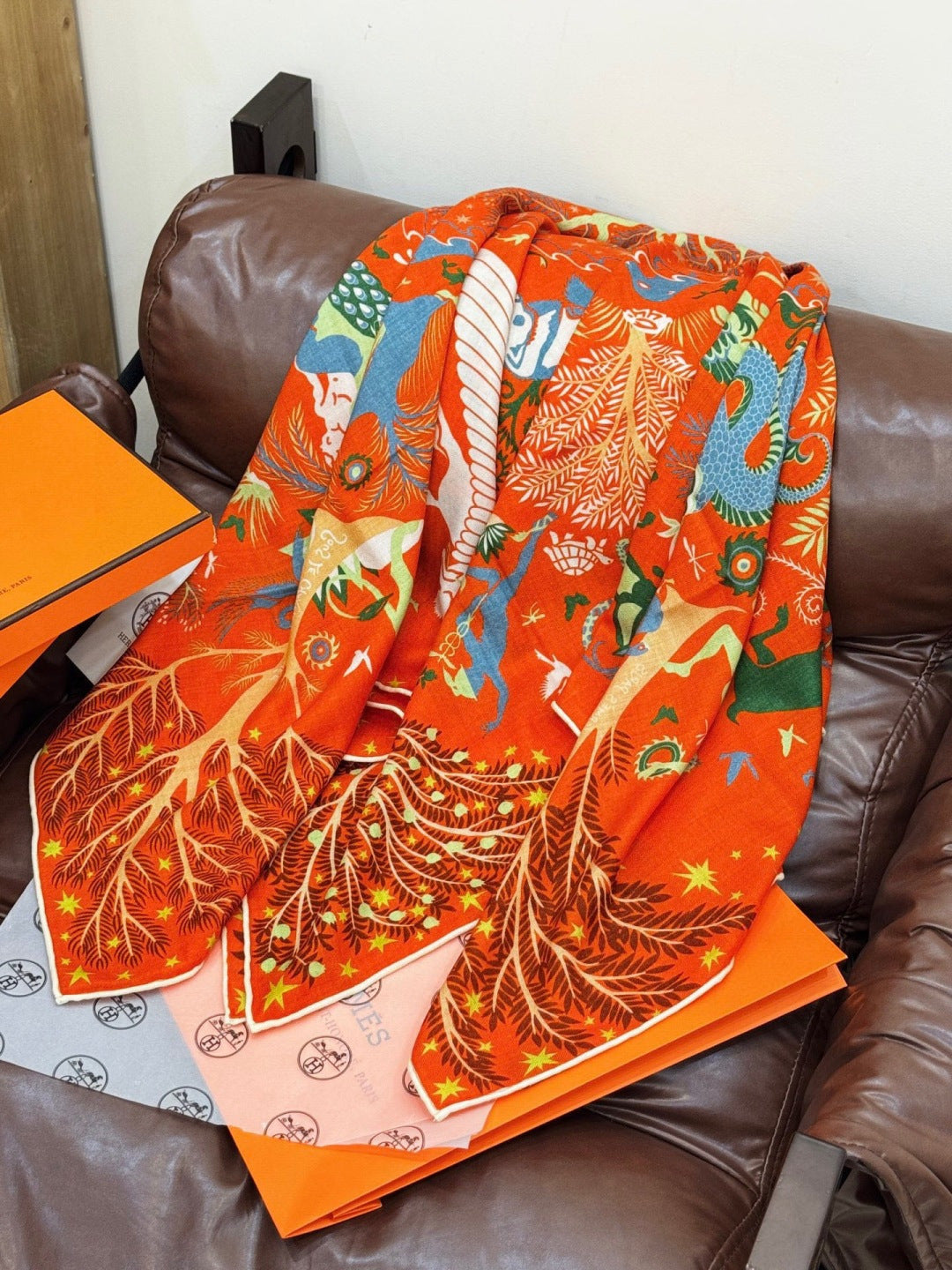 HM 25s Scarf 140cm Orange Colorful Cashmere Silk 962470