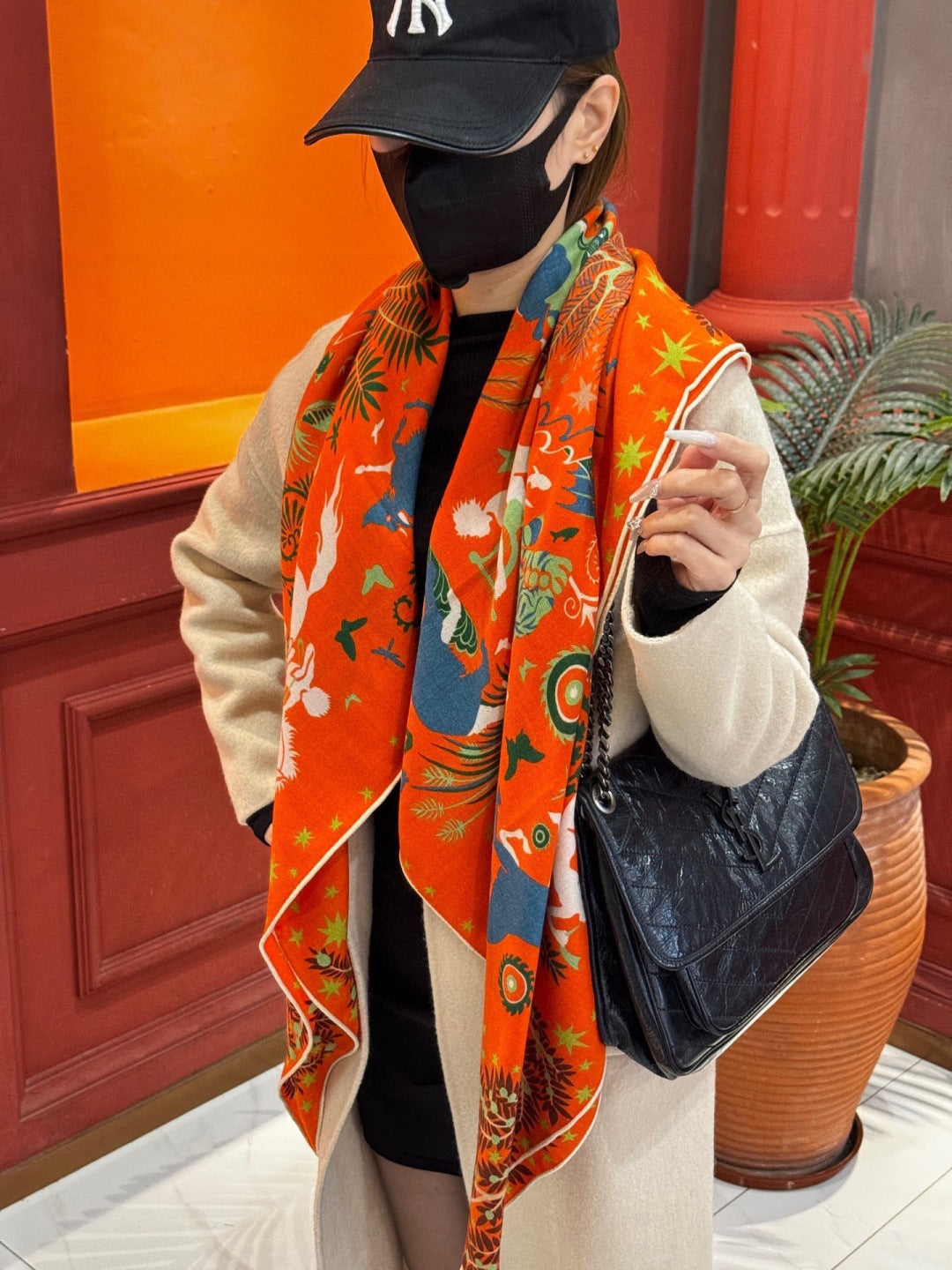 HM 25s Scarf 140cm Orange Colorful Cashmere Silk 962470